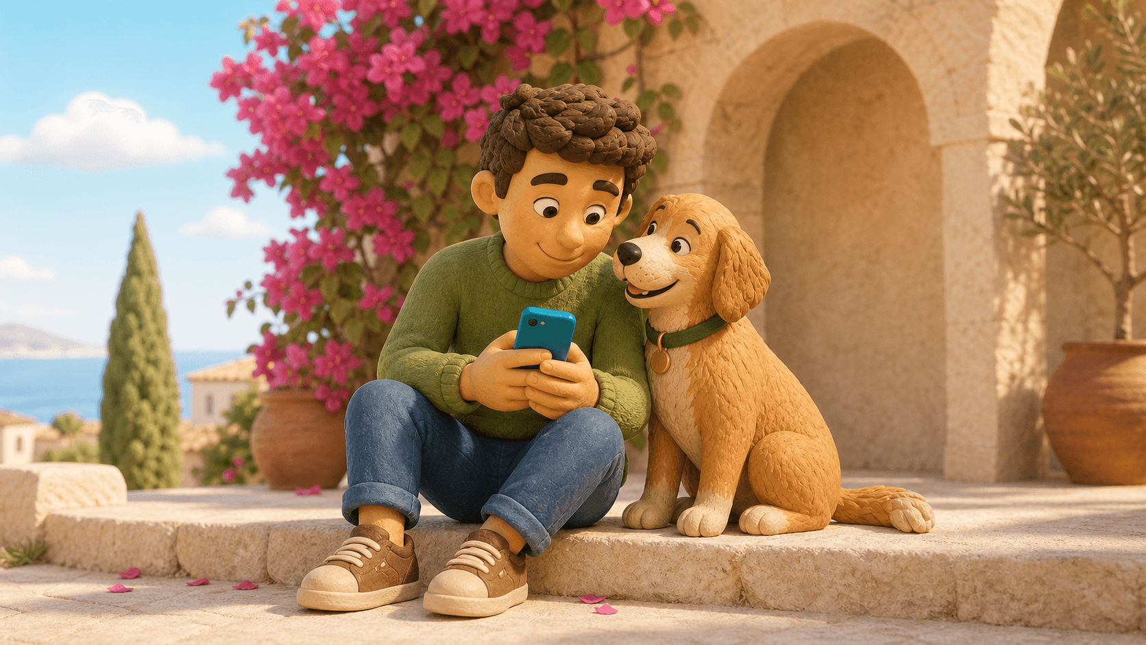 A happy dog owner using Pawliday together with his dog