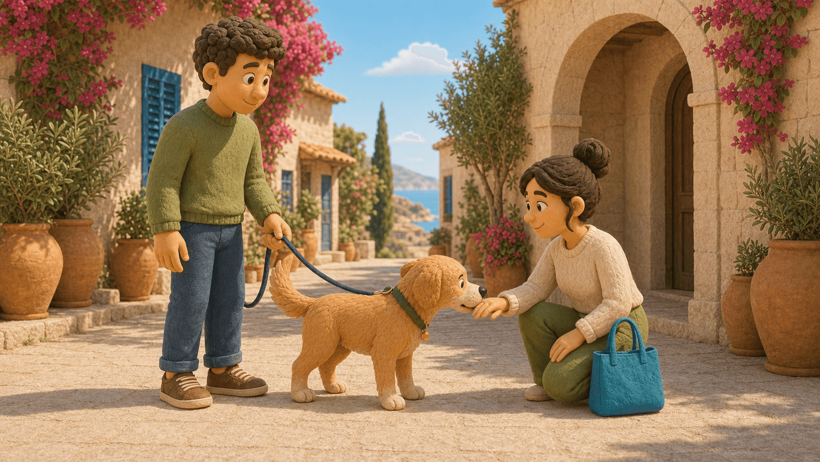A dog, its owner and a Pawliday host meeting in a Cyprus village